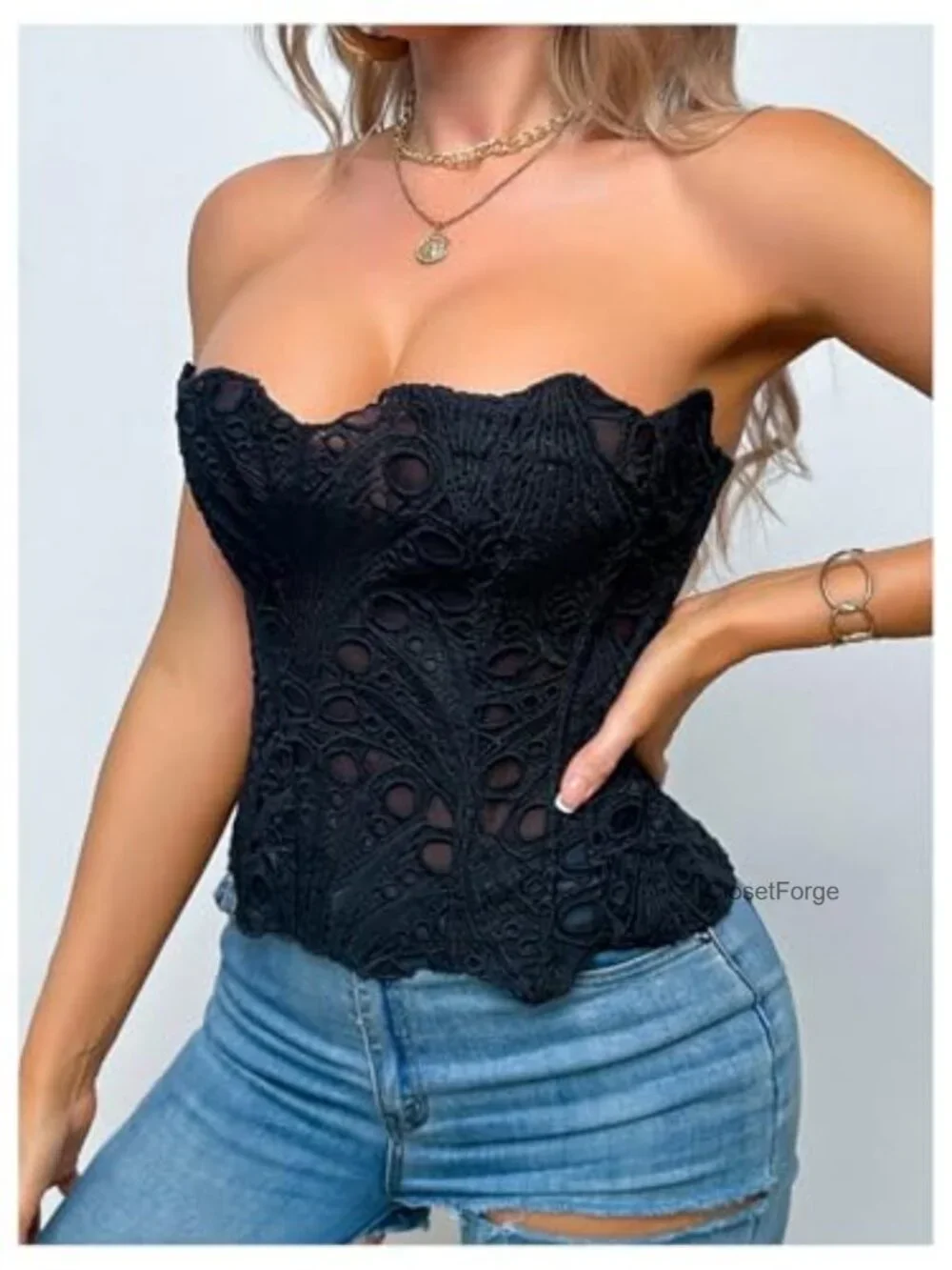 Sheer Floral Lace Hollow Out Cropped Camisole Top Strapless Corset Bustier